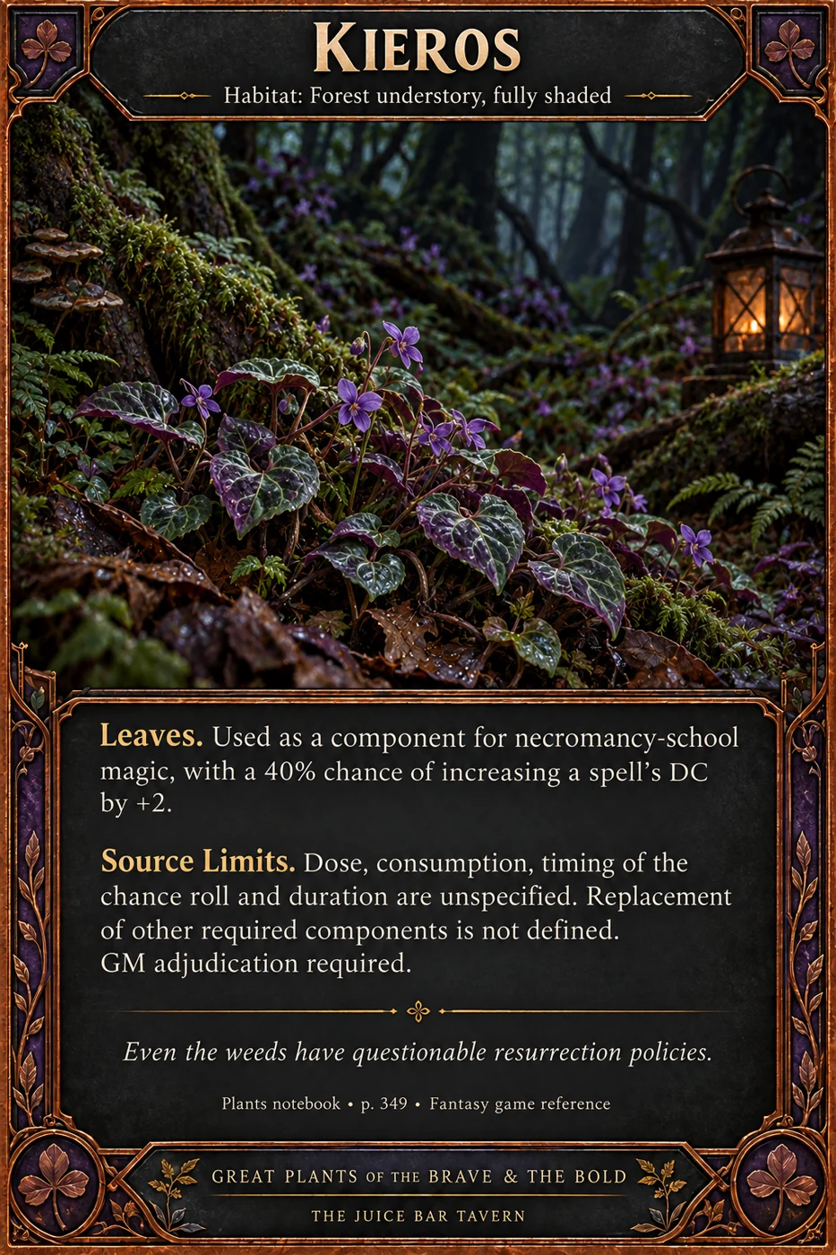 Kieros botanical card with copper border and readable source rules