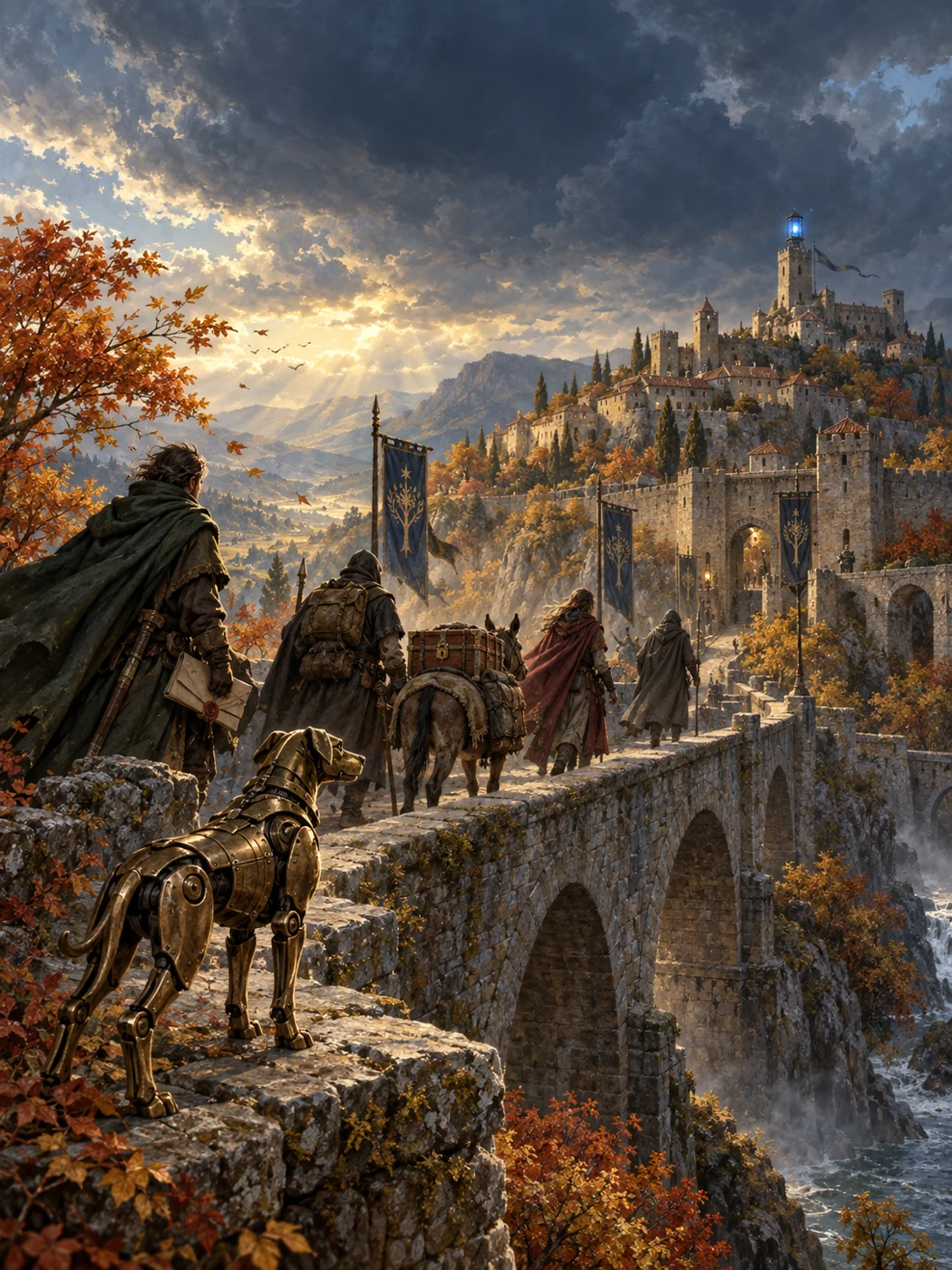 Supplied Chapter 2 cover artwork: adventurers approach Briarwatch along a stone bridge