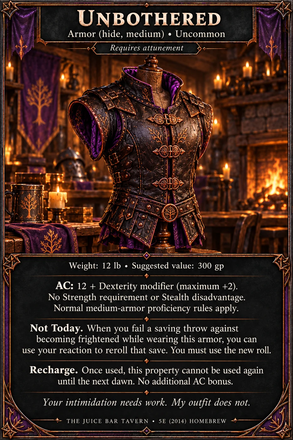 Unbothered enchanted hide armor card with copper and purple border