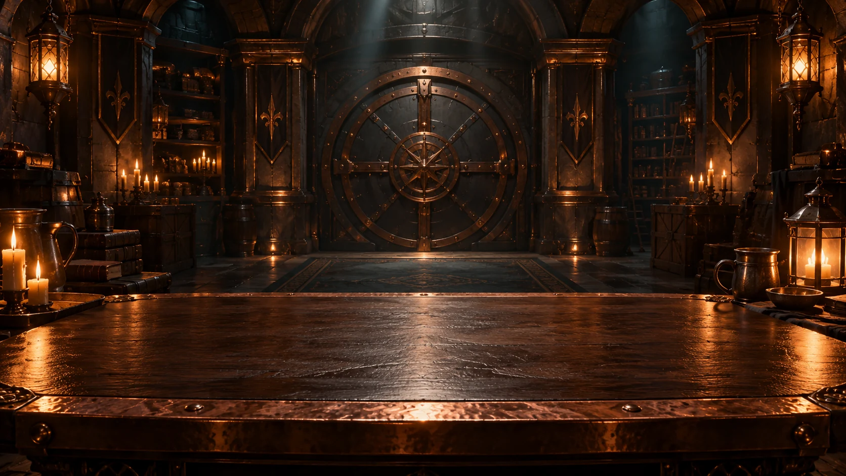 Candlelit Tavern vault with a copper-trimmed table